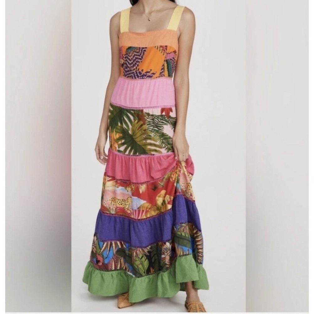 Farm Rio Rainbow Mixed Prints Maxi Dress Square Neck Linen Boho NWT M